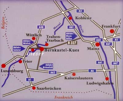 Karte zur Anreise zum Gästehaus Rosenlay in Lieser an der Mittelmosel